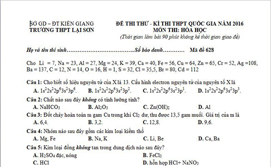 Đề thi thử đại học môn Hóa có đáp án trường THPT Lại Sơn