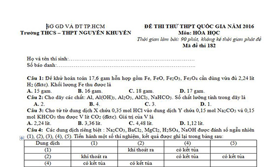 Đề thi thử đại học môn Hóa năm 2016 trường Nguyễn Khuyến