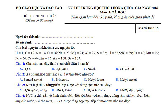 Đề thi Đại học chính thức Hóa học 2016 có đáp án