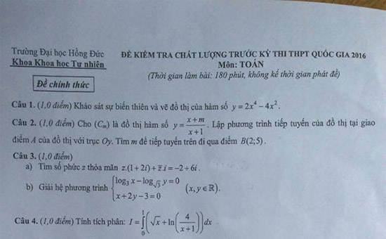 Đề thi thử THPT Quốc gia môn Toán trường Đại học Hồng Đức