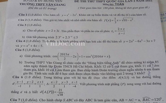 Đề thi thử THPT Quốc gia môn Toán trường THPT Văn Giang