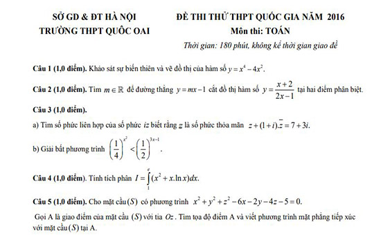 Đề thi thử Đại học môn Toán năm 2016 trường THPT Quốc Oai