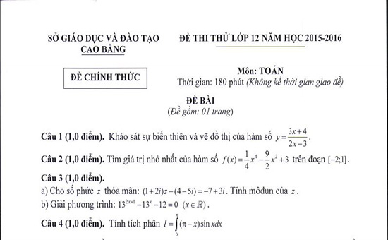 Đề thi thử Đại học môn Toán tỉnh Cao Bằng có đáp án