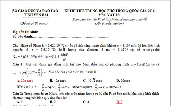 Đề thi thử THPT Quốc gia môn Vật lý tỉnh Yên Bái