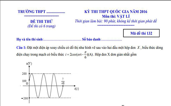 Đề thi thử THPT Quốc gia môn Vật lý trường Đa Phúc