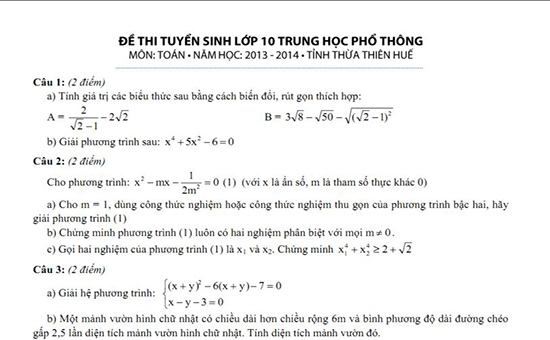 Đề thi tuyển sinh lớp 10 tỉnh Thừa Thiên Huế môn Toán