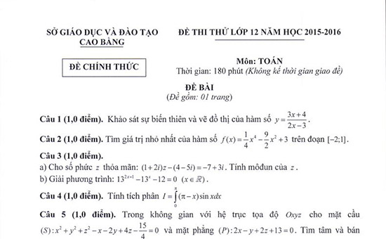 Đề thi thử Đại học môn Toán tỉnh Cao Bằng có đáp án