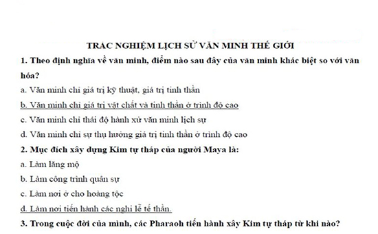 Câu hỏi trắc nghiệm lịch sử văn minh thế giới có đáp án