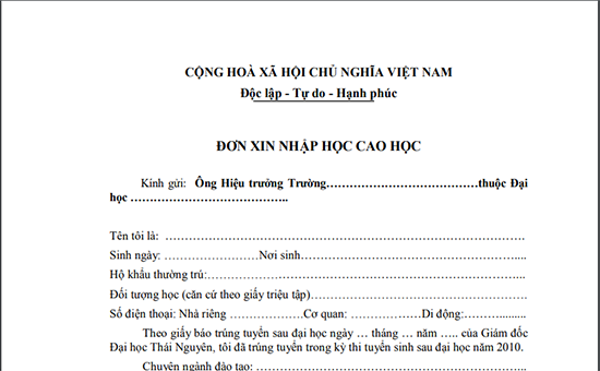 Mẫu đơn xin nhập học cao học