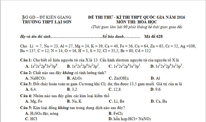 de thi thu dai hoc mon hoa co dap an truong thpt lai son