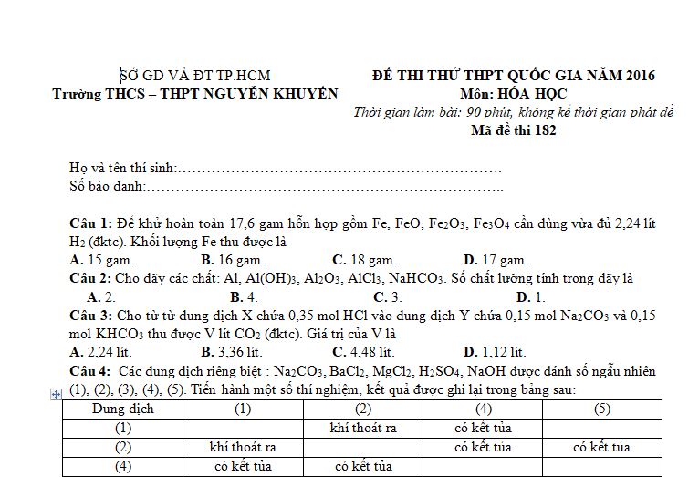 de thi thu dai hoc mon hoa nam 2016 truong nguyen khuyen