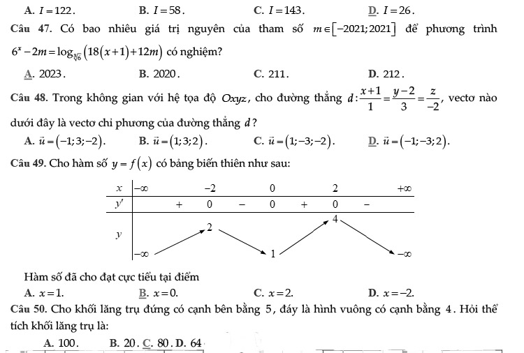 Đề thi thử THPT Quốc gia 2021 môn Toán trường Hòa Vang