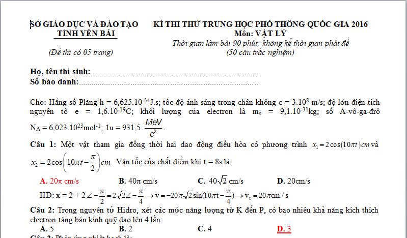 de thi thu thpt quoc gia mon vat ly tinh yen bai